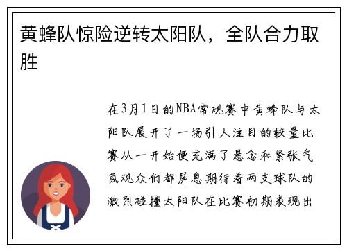 黄蜂队惊险逆转太阳队,全队合力取胜