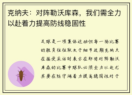 克纳夫:对阵勒沃库森,我们需全力以赴着力提高防线稳固性
