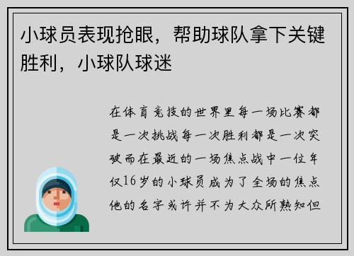 小球员表现抢眼,帮助球队拿下关键胜利,小球队球迷