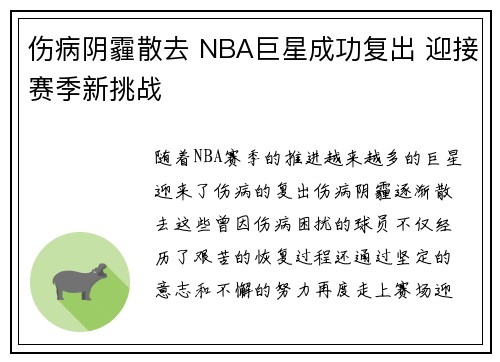 伤病阴霾散去 NBA巨星成功复出 迎接赛季新挑战